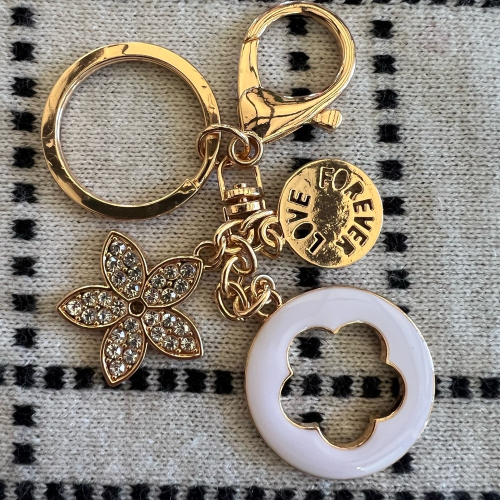 Gold and White  Keychain with Crystal Accents